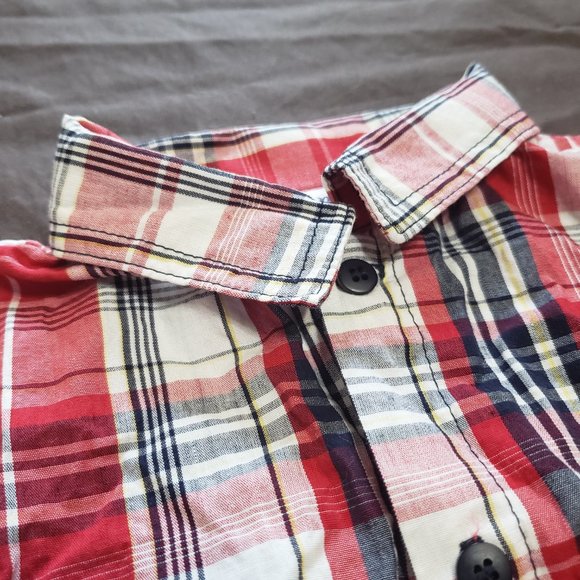 Fancy Plaid Button Up Shirt Collared 24 Month Size 100% Cotton Red Like new - Picture 3 of 7